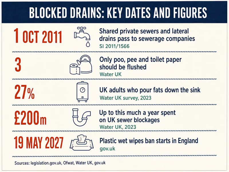 Blocked drains: key dates and figures. 1 Oct 2011: shared private sewers and lateral drains pass to sewerage companies, SI 2011/1566. 3: only poo, pee and toilet paper should be flushed, Water UK. 27%: UK adults who pour fats down the sink, Water UK survey, 2023. £200m: up to this much a year spent on UK sewer blockages, Water UK, 2023. 19 May 2027: plastic wet wipes ban starts in England, gov.uk. Sources: legislation.gov.uk, Ofwat, Water UK, gov.uk