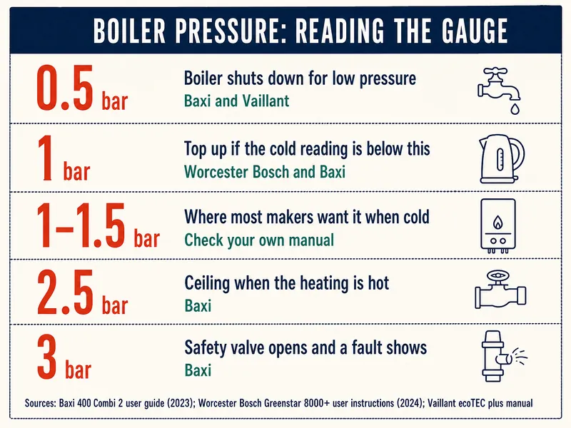 Boiler pressure: reading the gauge. 0.5 bar, boiler shuts down for low pressure, Baxi and Vaillant. 1 bar, top up if the cold reading is below this, Worcester Bosch and Baxi. 1–1.5 bar, where most makers want it when cold, check your own manual. 2.5 bar, ceiling when the heating is hot, Baxi. 3 bar, safety valve opens and a fault shows, Baxi. Sources: Baxi 400 Combi 2 user guide (2023); Worcester Bosch Greenstar 8000+ user instructions (2024); Vaillant ecoTEC plus manual.