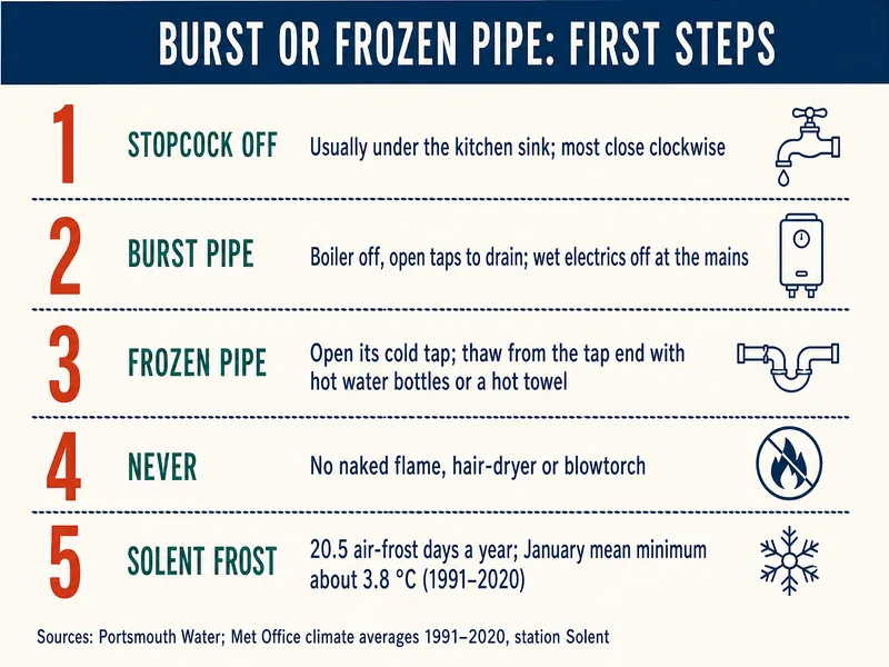 Burst or frozen pipe: first steps. 1, stopcock off: usually under the kitchen sink, most close clockwise. 2, burst pipe: boiler off, open taps to drain, wet electrics off at the mains. 3, frozen pipe: open its cold tap, thaw from the tap end with hot water bottles or a hot towel. 4, never: no naked flame, hair-dryer or blowtorch. 5, Solent frost: 20.5 air-frost days a year, January mean minimum about 3.8 °C (1991–2020). Sources: Portsmouth Water; Met Office climate averages 1991–2020, station Solent.