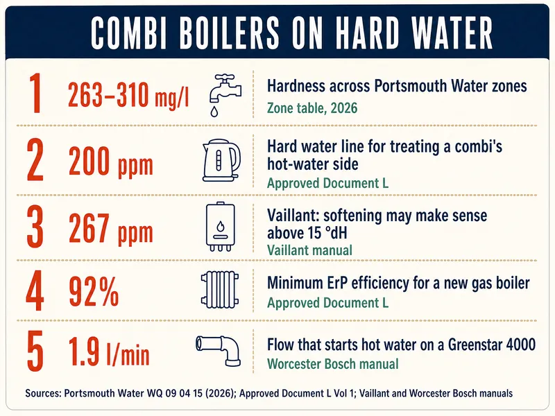 Combi boilers on hard water. 1: 263–310 mg/l, hardness across Portsmouth Water zones, zone table 2026. 2: 200 ppm, hard water line for treating a combi's hot-water side, Approved Document L. 3: 267 ppm, Vaillant: softening may make sense above 15 °dH, Vaillant manual. 4: 92%, minimum ErP efficiency for a new gas boiler, Approved Document L. 5: 1.9 l/min, flow that starts hot water on a Greenstar 4000, Worcester Bosch manual. Sources: Portsmouth Water WQ 09 04 15 (2026); Approved Document L Vol 1; Vaillant and Worcester Bosch manuals.