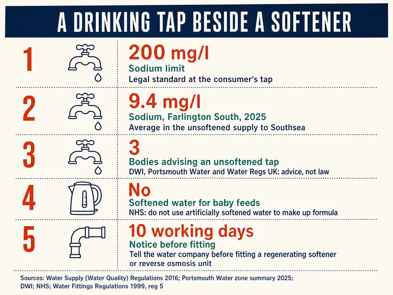 A drinking tap beside a softener: 1, 200 mg/l, sodium limit, the legal standard at the consumer's tap; 2, 9.4 mg/l, sodium in Farlington South in 2025, the average in the unsoftened supply to Southsea; 3, three bodies advising an unsoftened tap, DWI, Portsmouth Water and Water Regs UK, advice not law; 4, no softened water for baby feeds, the NHS says do not use artificially softened water to make up formula; 5, 10 working days, a notice period for the water company ahead of a regenerating softener or reverse osmosis unit going in. Sources: Water Supply (Water Quality) Regulations 2016, Portsmouth Water zone summary 2025, DWI, NHS, Water Fittings Regulations 1999, reg 5