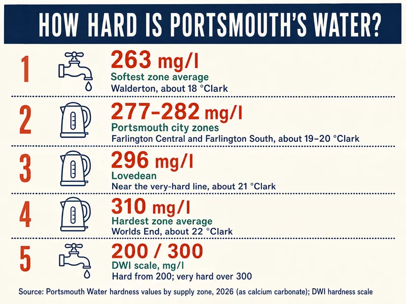 How hard is Portsmouth's water: 1, 263 mg/l, softest zone average, Walderton, about 18 °Clark; 2, 277–282 mg/l, Portsmouth city zones, Farlington Central and Farlington South, about 19–20 °Clark; 3, 296 mg/l, Lovedean, near the very-hard line, about 21 °Clark; 4, 310 mg/l, hardest zone average, Worlds End, about 22 °Clark; 5, 200 / 300, DWI scale in mg/l, hard from 200, very hard over 300. Source: Portsmouth Water hardness values by supply zone, 2026, as calcium carbonate; DWI hardness scale