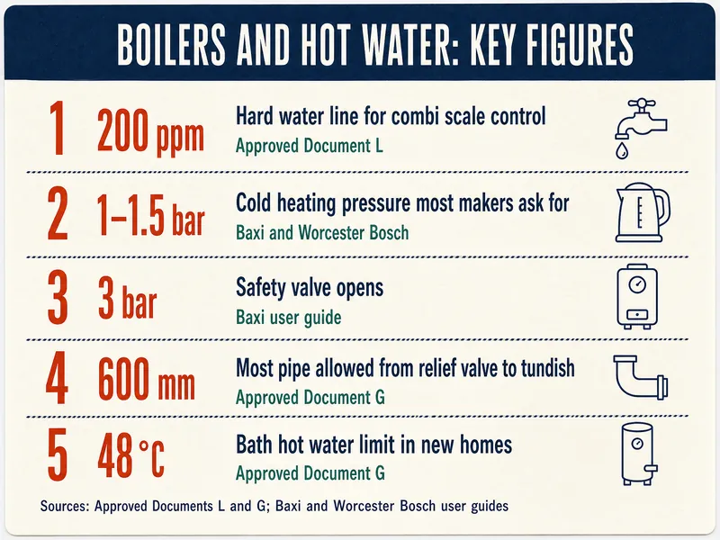 Boilers and hot water: key figures. 1: 200 ppm, hard water line for combi scale control, Approved Document L. 2: 1–1.5 bar, cold heating pressure most makers ask for, Baxi and Worcester Bosch. 3: 3 bar, safety valve opens, Baxi user guide. 4: 600 mm, most pipe allowed from the relief valve to the tundish, Approved Document G. 5: 48 °C, bath hot water limit in new homes, Approved Document G. Sources: Approved Documents L and G; Baxi and Worcester Bosch user guides.
