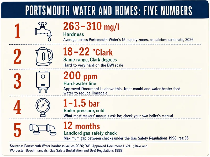 Portsmouth water and homes, five numbers: 263–310 mg/l hardness, the average across Portsmouth Water's 15 supply zones as calcium carbonate in 2026; 18–22 °Clark, the same range, hard to very hard on the DWI scale; 200 ppm, the Approved Document L hard-water line above which combi and water-heater feed water should be treated to reduce limescale; 1–1.5 bar, the cold boiler pressure most makers' manuals ask for; 12 months, the maximum gap between landlord gas safety checks under the Gas Safety Regulations 1998, reg 36. Sources: Portsmouth Water hardness values 2026, DWI, Approved Document L Vol 1, Baxi and Worcester Bosch manuals, Gas Safety (Installation and Use) Regulations 1998
