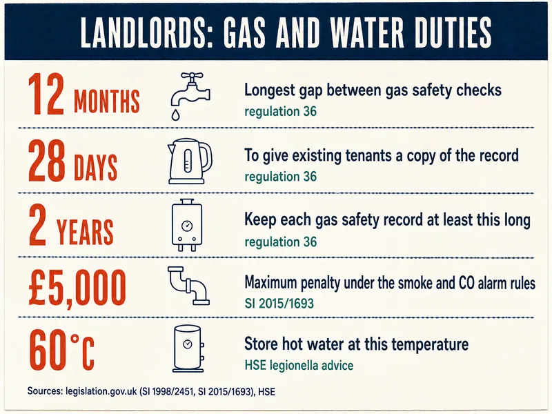Landlords: gas and water duties. 12 months: longest gap between gas safety checks, regulation 36. 28 days: to give existing tenants a copy of the record, regulation 36. 2 years: keep each gas safety record at least this long, regulation 36. £5,000: maximum penalty under the smoke and CO alarm rules, SI 2015/1693. 60°C: store hot water at this temperature, HSE legionella advice. Sources: legislation.gov.uk (SI 1998/2451, SI 2015/1693), HSE