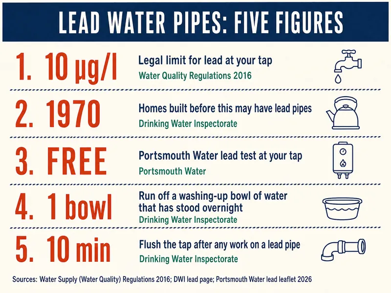 Lead water pipes: five figures. 10 µg/l, legal limit for lead at your tap, Water Quality Regulations 2016. 1970, homes built before this may have lead pipes, Drinking Water Inspectorate. Free, Portsmouth Water lead test at your tap. 1 bowl, run off a washing-up bowl of water that has stood overnight, DWI. 10 min, flush the tap after any work on a lead pipe, DWI. Sources: Water Supply (Water Quality) Regulations 2016; DWI lead page; Portsmouth Water lead leaflet 2026.