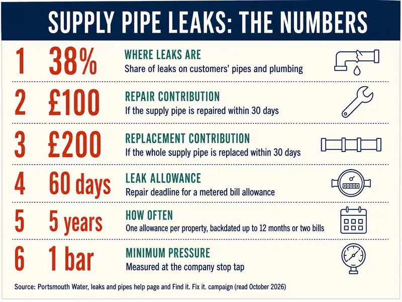 Supply pipe leaks: the numbers. 38%, where leaks are: share of leaks on customers' pipes and plumbing. £100, repair contribution: if the supply pipe is repaired within 30 days. £200, replacement contribution: if the whole supply pipe is replaced within 30 days. 60 days, leak allowance: repair deadline for a metered bill allowance. 5 years, how often: one allowance per property, backdated up to 12 months or two bills. 1 bar, minimum pressure: measured at the company stop tap. Source: Portsmouth Water, leaks and pipes help page and Find it. Fix it. campaign (read October 2026).