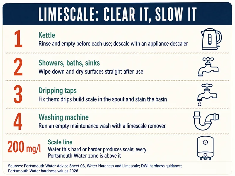 Limescale, clear it and slow it: 1, kettle, rinse and empty before each use and descale with an appliance descaler; 2, showers, baths and sinks, wipe down and dry surfaces straight after use; 3, dripping taps, fix them because drips build scale in the spout and stain the basin; 4, washing machine, run an empty maintenance wash with a limescale remover; 200 mg/l, the scale line, water this hard or harder produces scale and every Portsmouth Water zone is above it. Sources: Portsmouth Water Advice Sheet 03, Water Hardness and Limescale; DWI hardness guidance; Portsmouth Water hardness values 2026