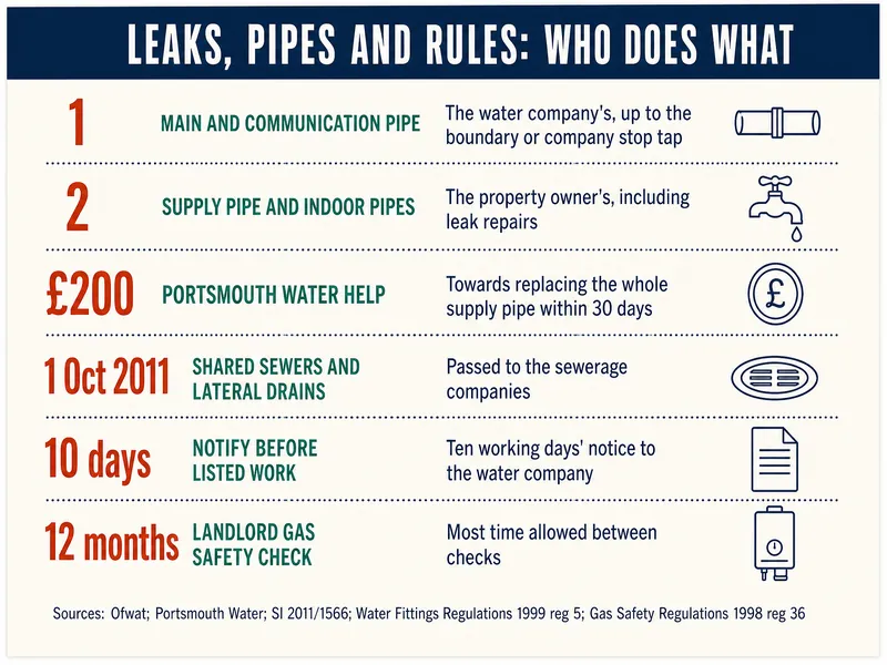 Leaks, pipes and rules: who does what. 1, main and communication pipe: the water company's, up to the boundary or company stop tap. 2, supply pipe and indoor pipes: the property owner's, including leak repairs. £200, Portsmouth Water help: towards replacing the whole supply pipe within 30 days. 1 Oct 2011, shared sewers and lateral drains: passed to the sewerage companies. 10 days, notify before listed work: ten working days' notice to the water company. 12 months, landlord gas safety check: most time allowed between checks. Sources: Ofwat; Portsmouth Water; SI 2011/1566; Water Fittings Regulations 1999 reg 5; Gas Safety Regulations 1998 reg 36.