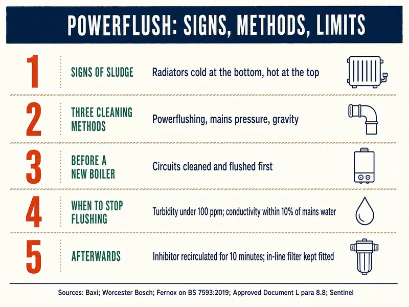 Powerflush: signs, methods, limits. 1, signs of sludge: radiators cold at the bottom, hot at the top. 2, three cleaning methods: powerflushing, mains pressure, gravity. 3, before a new boiler: circuits cleaned and flushed first. 4, when to stop flushing: turbidity under 100 ppm, conductivity within 10% of mains water. 5, afterwards: inhibitor recirculated for 10 minutes, in-line filter kept fitted. Sources: Baxi; Worcester Bosch; Fernox on BS 7593:2019; Approved Document L para 8.8; Sentinel.