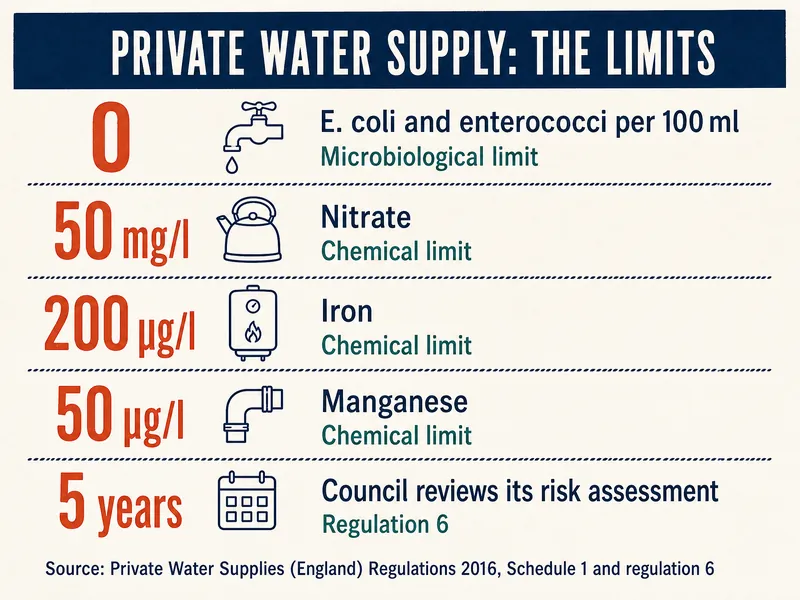 Private water supply: the limits. 0 E. coli and enterococci per 100 ml, microbiological limit. 50 mg/l nitrate, chemical limit. 200 µg/l iron, chemical limit. 50 µg/l manganese, chemical limit. 5 years, council reviews its risk assessment, regulation 6. Source: Private Water Supplies (England) Regulations 2016, Schedule 1 and regulation 6.