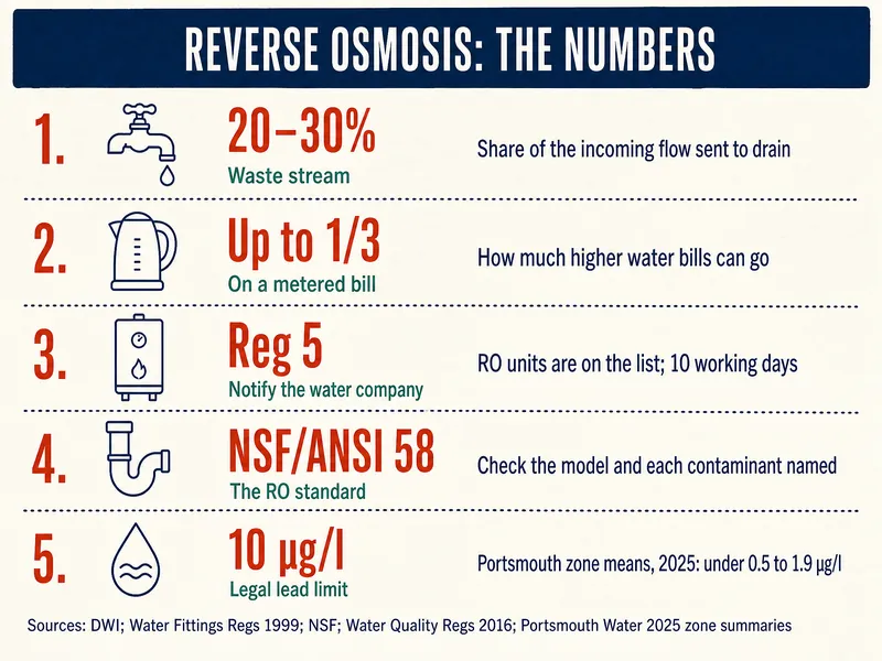 Reverse osmosis, the numbers. 1, waste stream: 20–30%, share of the incoming flow sent to drain. 2, on a metered bill: up to 1/3, how much higher water bills can go. 3, notify the water company: reg 5; RO units are on the list; 10 working days. 4, the RO standard: NSF/ANSI 58; check the model and each contaminant named. 5, legal lead limit: 10 µg/l; Portsmouth zone means in 2025 were under 0.5 to 1.9 µg/l. Sources: DWI; Water Fittings Regs 1999; NSF; Water Quality Regs 2016; Portsmouth Water 2025 zone summaries.