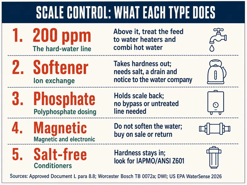 Scale control, what each type does. 1, 200 ppm, the hard-water line: above it, treat the feed to water heaters and combi hot water. 2, softener, ion exchange: takes hardness out; needs salt, a drain and notice to the water company. 3, phosphate, polyphosphate dosing: holds scale back; no bypass or untreated line needed. 4, magnetic, magnetic and electronic: do not soften the water; buy on sale or return. 5, salt-free conditioners: hardness stays in; look for IAPMO/ANSI Z601. Sources: Approved Document L para 8.8; Worcester Bosch TB 0072a; DWI; US EPA WaterSense 2026.
