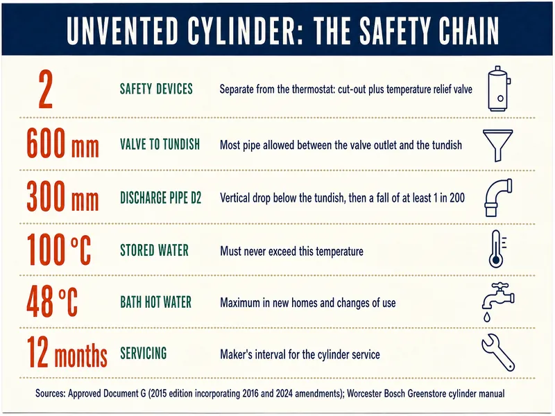 Unvented cylinder: the safety chain. 2 safety devices, separate from the thermostat: cut-out plus temperature relief valve. 600 mm, valve to tundish: most pipe allowed between the valve outlet and the tundish. 300 mm, discharge pipe D2: vertical drop below the tundish, then a fall of at least 1 in 200. 100 °C, stored water: must never exceed this temperature. 48 °C, bath hot water: maximum in new homes and changes of use. 12 months, servicing: maker's interval for the cylinder service. Sources: Approved Document G (2015 edition incorporating 2016 and 2024 amendments); Worcester Bosch Greenstore cylinder manual.