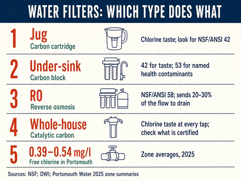 Water filters, which type does what. 1, jug with a carbon cartridge: chlorine taste; look for NSF/ANSI 42. 2, under-sink carbon block: 42 for taste; 53 for named health contaminants. 3, RO, reverse osmosis: NSF/ANSI 58; sends 20–30% of the flow to drain. 4, whole-house catalytic carbon: chlorine taste at every tap; check what is certified. 5, free chlorine in Portsmouth: 0.39–0.54 mg/l, zone averages, 2025. Sources: NSF; DWI; Portsmouth Water 2025 zone summaries.