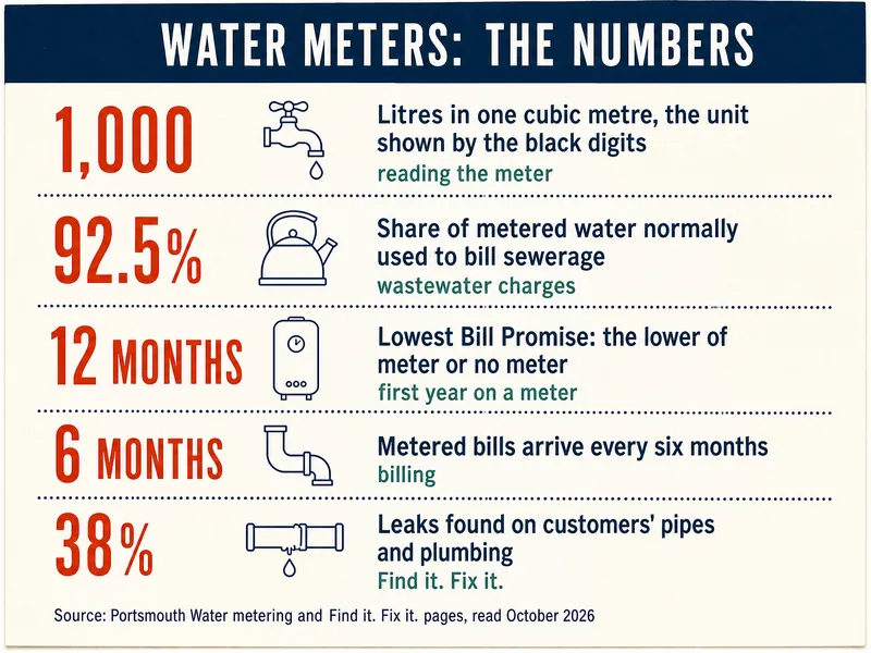 Water meters: the numbers. Five rows: 1,000, litres in one cubic metre, the unit shown by the black digits; 92.5%, share of metered water normally used to bill sewerage; 12 months, Lowest Bill Promise, the lower of meter or no meter in the first year; 6 months, metered bills arrive every six months; 38%, leaks found on customers' pipes and plumbing. Source: Portsmouth Water metering and Find it. Fix it. pages, read October 2026