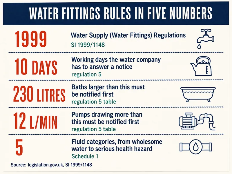 Water fittings rules in five numbers. 1999: Water Supply (Water Fittings) Regulations, SI 1999/1148. 10 days: working days the water company has to answer a notice, regulation 5. 230 litres: baths larger than this must be notified first, regulation 5 table. 12 l/min: pumps drawing more than this must be notified first, regulation 5 table. 5: fluid categories, from wholesome water to serious health hazard, Schedule 1. Source: legislation.gov.uk, SI 1999/1148