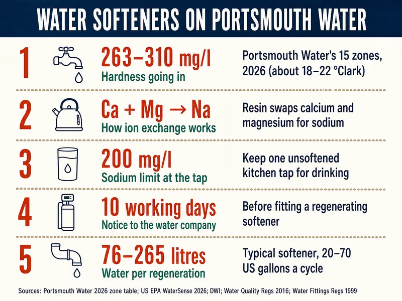 Water softeners on Portsmouth water. 1, hardness going in: 263–310 mg/l across Portsmouth Water's 15 zones in 2026, about 18–22 °Clark. 2, how ion exchange works: calcium and magnesium swapped for sodium. 3, sodium limit at the tap: 200 mg/l; keep one unsoftened kitchen tap for drinking. 4, notice to the water company: 10 working days before fitting a regenerating softener. 5, water per regeneration: 76–265 litres, 20–70 US gallons a cycle. Sources: Portsmouth Water 2026 zone table; US EPA WaterSense 2026; DWI; Water Quality Regs 2016; Water Fittings Regs 1999.