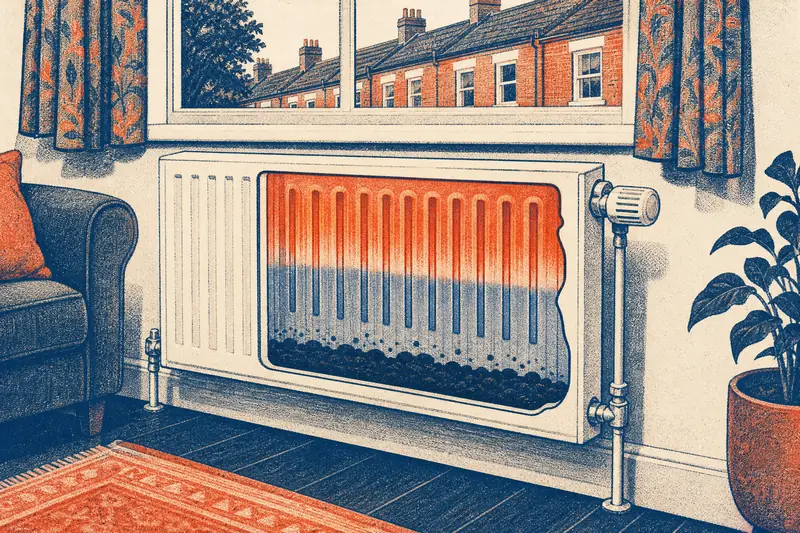 Cutaway drawing of a panel radiator under a window, hot along the top, cold lower down, with a layer of dark sludge resting in the base